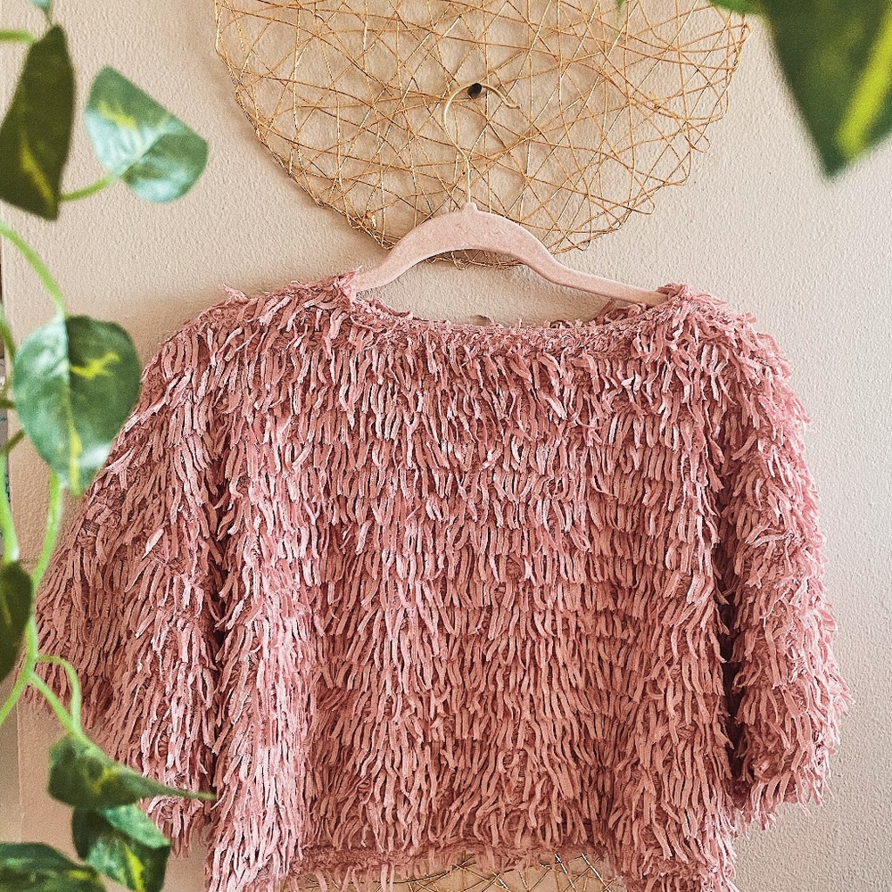 ZARA Light Pink Fuzzy Fringe Crop Top